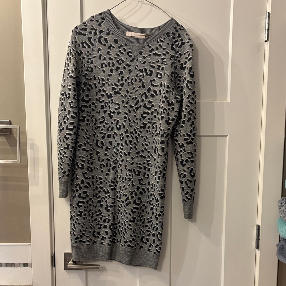 LOFT Gray and Black Leopard Print Long Sleeve Sweater Dress